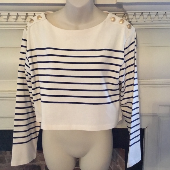 J Crew Women’s Cropped Boatneck T-Shirt with Buttons in Mariner Cloth NWT $69 - Picture 1 of 9